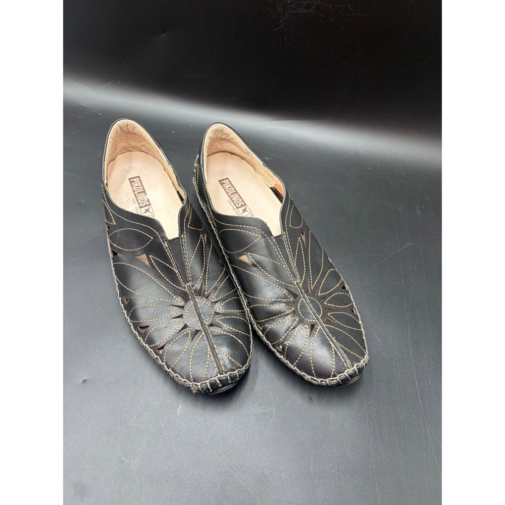 Pikolinos Womens Puerto Vallarta Laser Cut Leather Floral Loafers Black Size 38